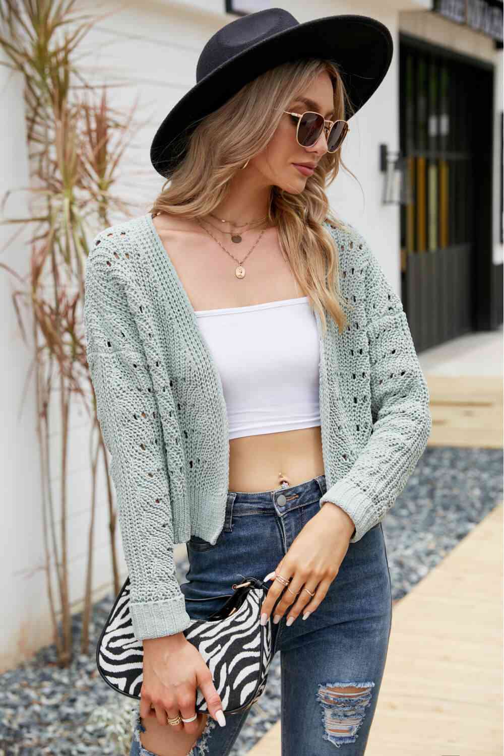 Open Front Cuffed Cropped Cardigan king-general-store-5710.myshopify.com