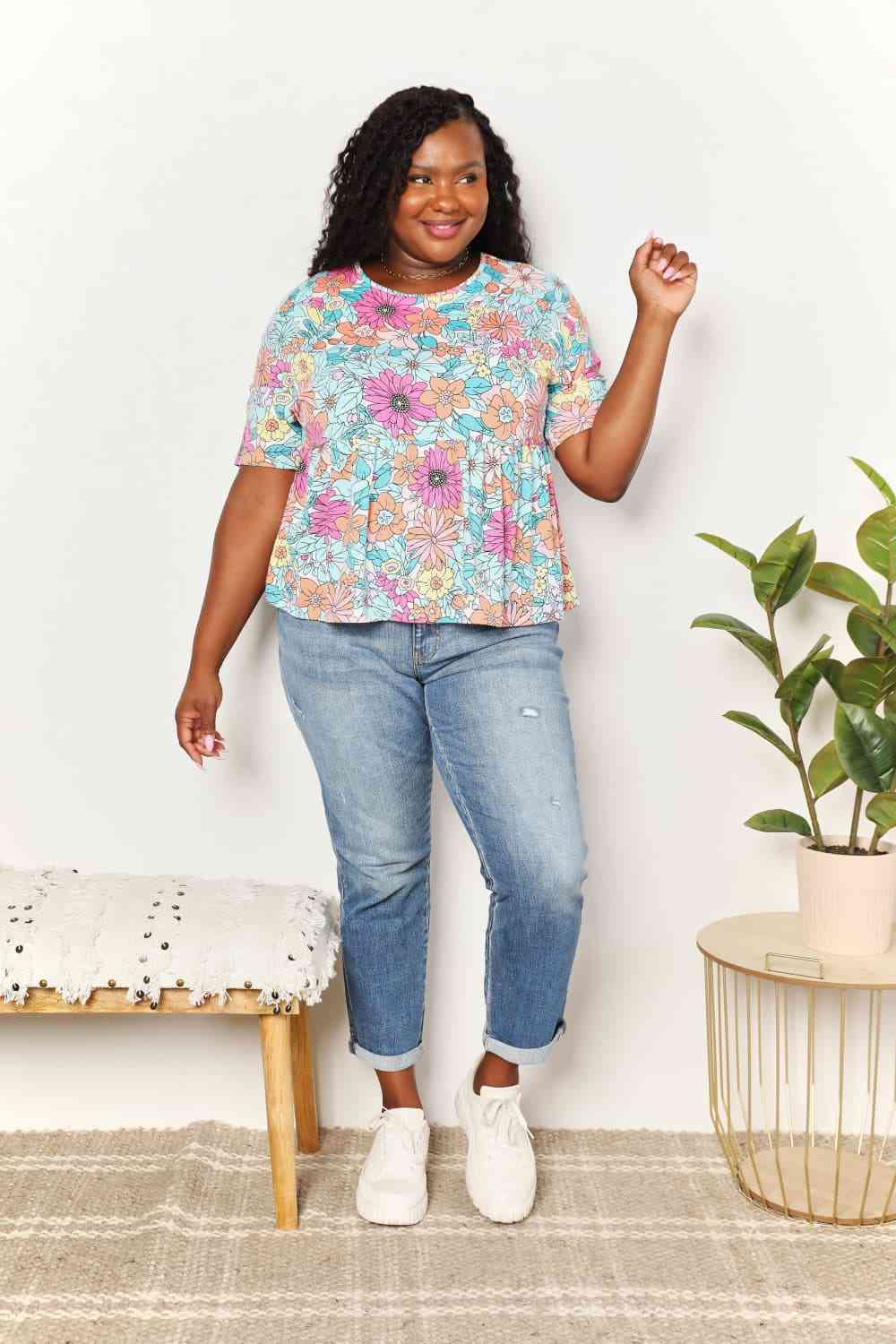 Double Take Floral Round Neck Babydoll Top king-general-store-5710.myshopify.com