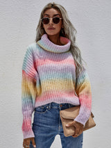 Rainbow Rib-Knit Turtleneck Drop Shoulder Sweater king-general-store-5710.myshopify.com