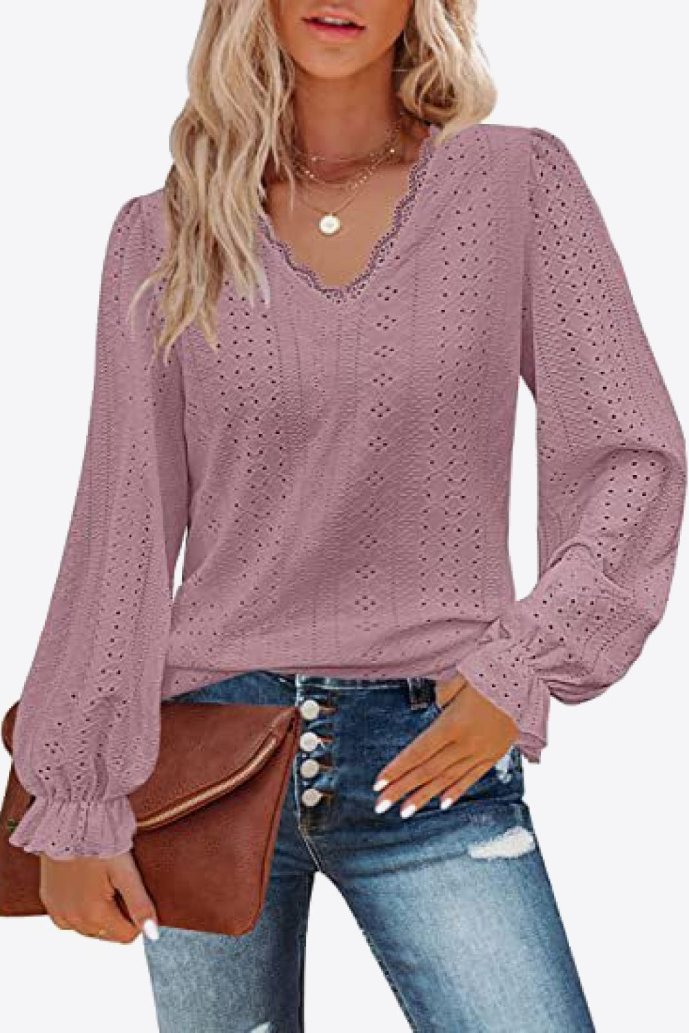 Eyelet V-Neck Flounce Sleeve Blouse king-general-store-5710.myshopify.com