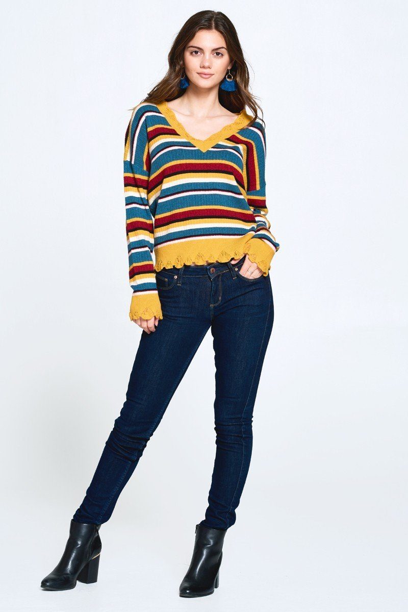 Mustard Multi-colored Variegated Striped Knit Sweater king-general-store-5710.myshopify.com