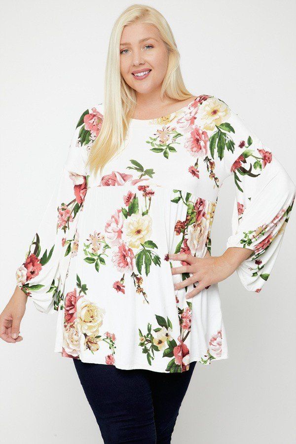 Floral Bubble Sleeve Tunic Top king-general-store-5710.myshopify.com