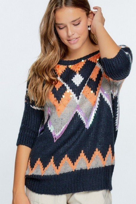 Midnight Navy Aztec Pattern With Glitter Accent Sweater king-general-store-5710.myshopify.com