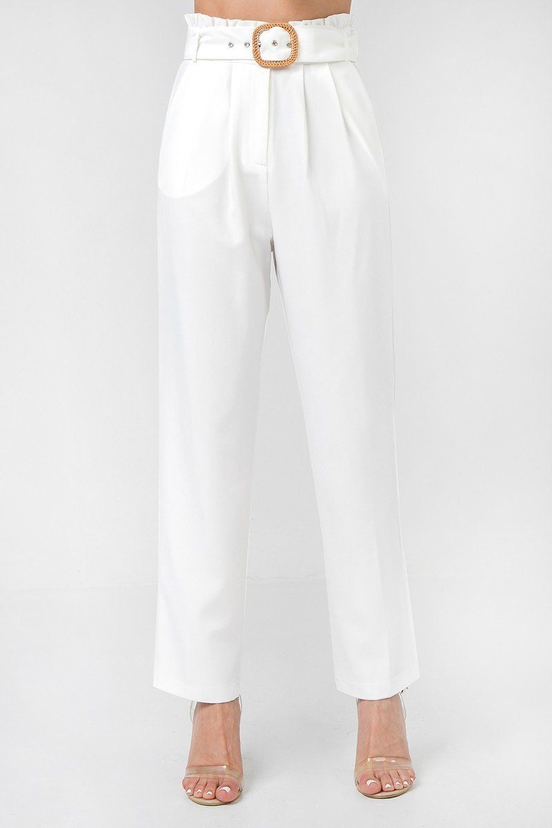 Off White Solid Pant Featuring Paperbag Waist With Rattan Buckle Belt king-general-store-5710.myshopify.com