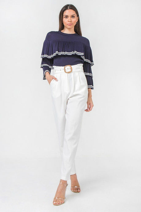 Off White Solid Pant Featuring Paperbag Waist With Rattan Buckle Belt king-general-store-5710.myshopify.com