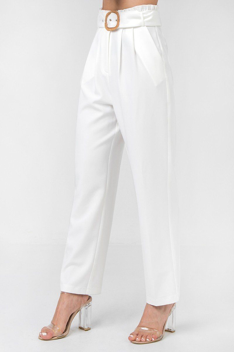 Off White Solid Pant Featuring Paperbag Waist With Rattan Buckle Belt king-general-store-5710.myshopify.com