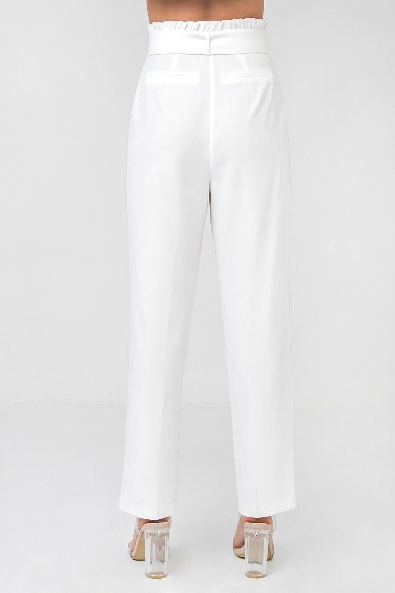 Off White Solid Pant Featuring Paperbag Waist With Rattan Buckle Belt king-general-store-5710.myshopify.com