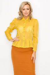 Mustard Organza Pleated Long Sleeve Blouse king-general-store-5710.myshopify.com