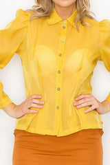 Mustard Organza Pleated Long Sleeve Blouse king-general-store-5710.myshopify.com