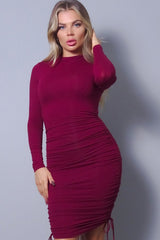 Burgundy Long Sleeve Mock Neck Side Or Twist Ruching Dress king-general-store-5710.myshopify.com