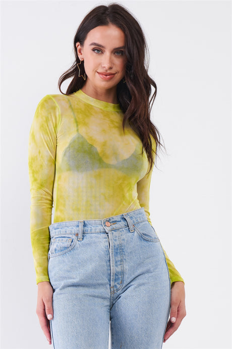 Neon Green Sexy Sheer Mesh Long Sleeve Mock Neck Bodysuit king-general-store-5710.myshopify.com