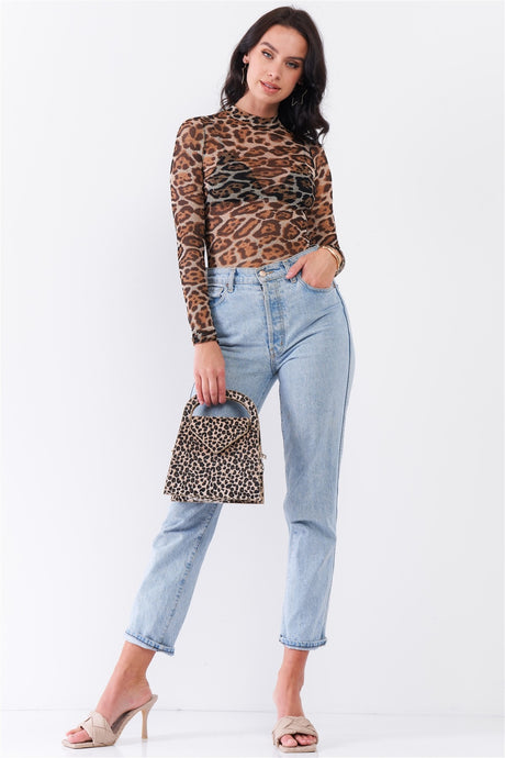 Taupe Brown Jaguar Print Sheer Mesh Mock Neck Long Sleeve Bodysuit king-general-store-5710.myshopify.com