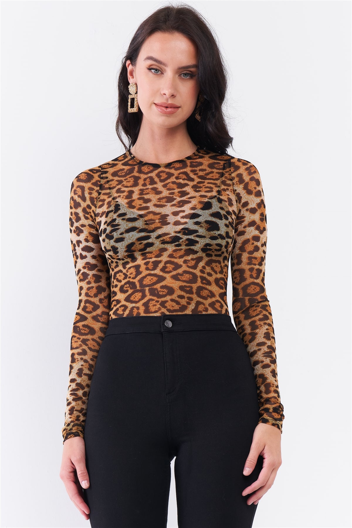 Brown Leopard Print Sheer Mesh Crew Neck Long Sleeve Bodysuit king-general-store-5710.myshopify.com