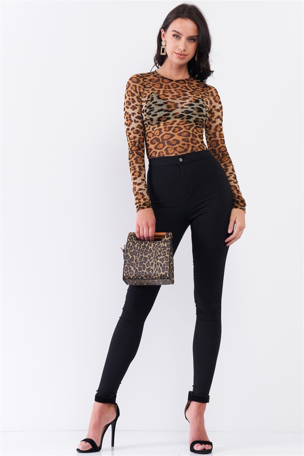 Brown Leopard Print Sheer Mesh Crew Neck Long Sleeve Bodysuit king-general-store-5710.myshopify.com