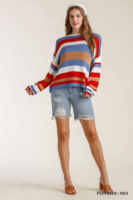Multicolored Stripe Round Neck Long Sleeve Knit Sweater king-general-store-5710.myshopify.com