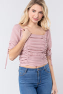 Elbow Sleeve Smocked Ruched Woven Top