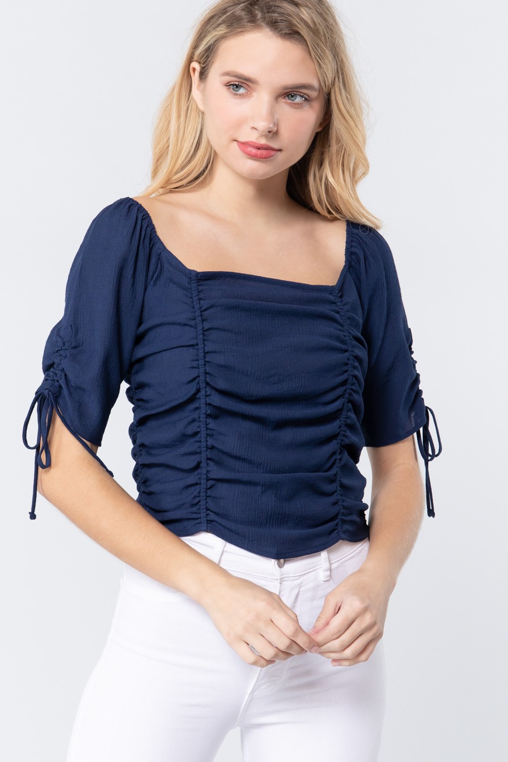 Elbow Sleeve Smocked Ruched Woven Top