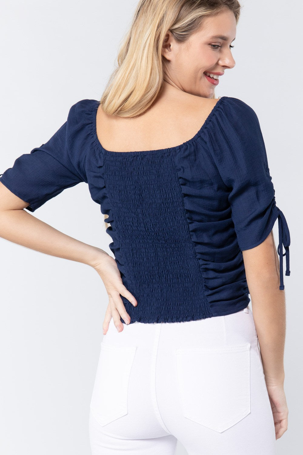 Elbow Sleeve Smocked Ruched Woven Top