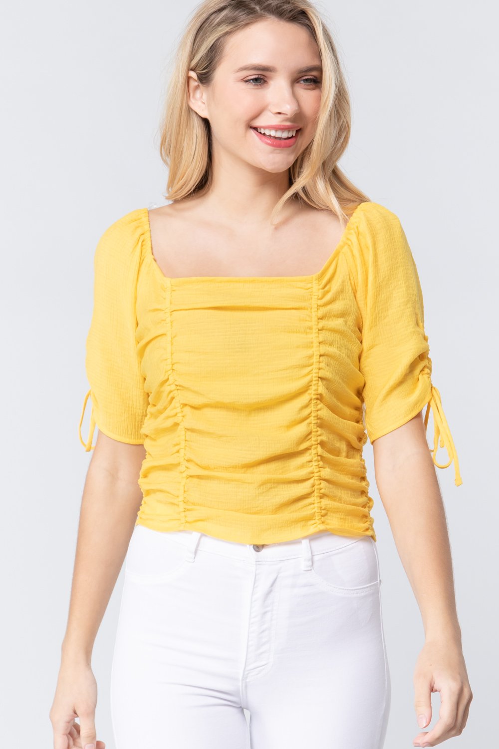 Elbow Sleeve Smocked Ruched Woven Top