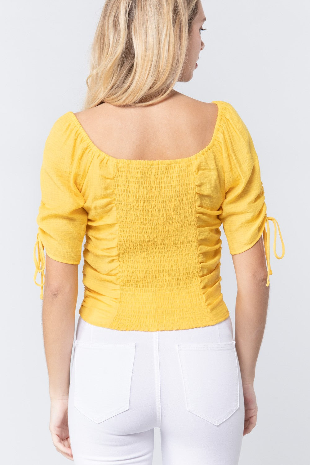 Elbow Sleeve Smocked Ruched Woven Top