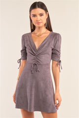 Charcoal Grey Suede Deep Plunge V-neck Gathered Detail Tight Fit Mini Dress king-general-store-5710.myshopify.com