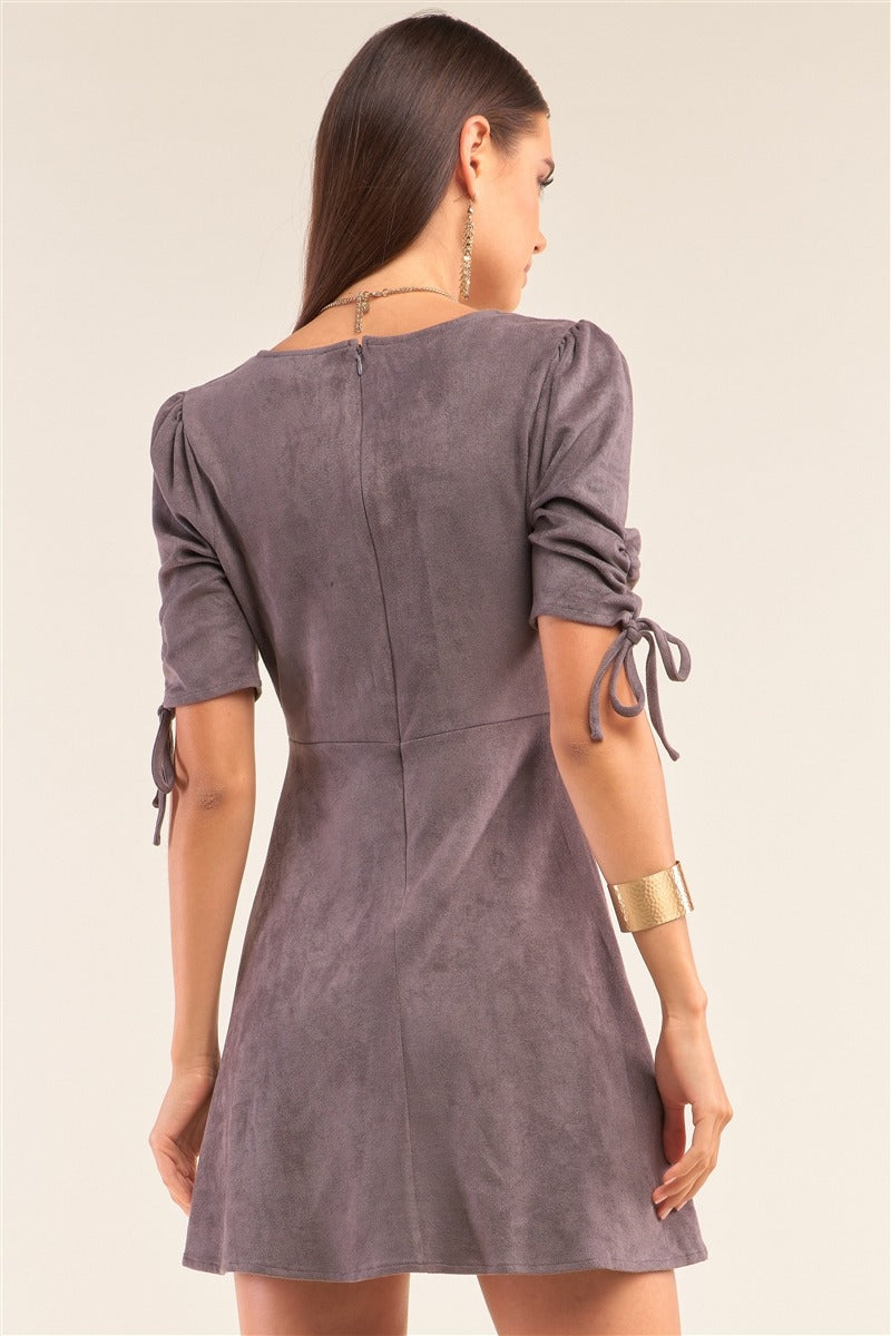 Charcoal Grey Suede Deep Plunge V-neck Gathered Detail Tight Fit Mini Dress king-general-store-5710.myshopify.com