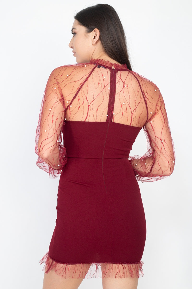 Burgundy Pearl Trim Mesh Bodycon Dress