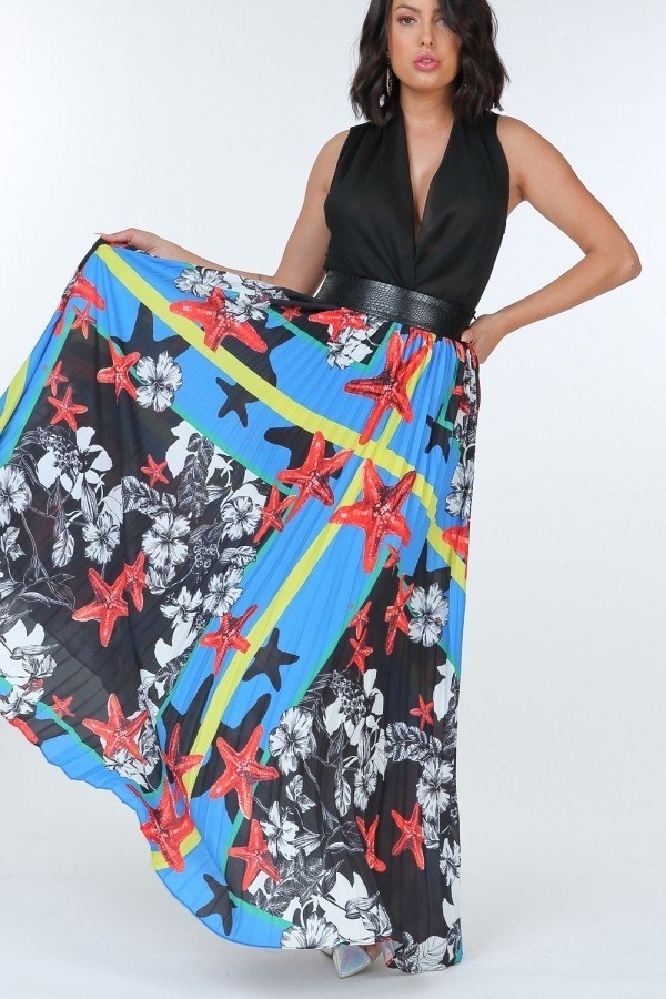 Paradise Blue Pleated Print Maxi Skirt With Leather Waistband king-general-store-5710.myshopify.com