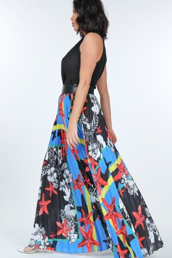 Paradise Blue Pleated Print Maxi Skirt With Leather Waistband king-general-store-5710.myshopify.com