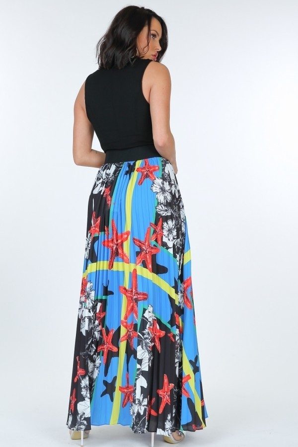 Paradise Blue Pleated Print Maxi Skirt With Leather Waistband king-general-store-5710.myshopify.com