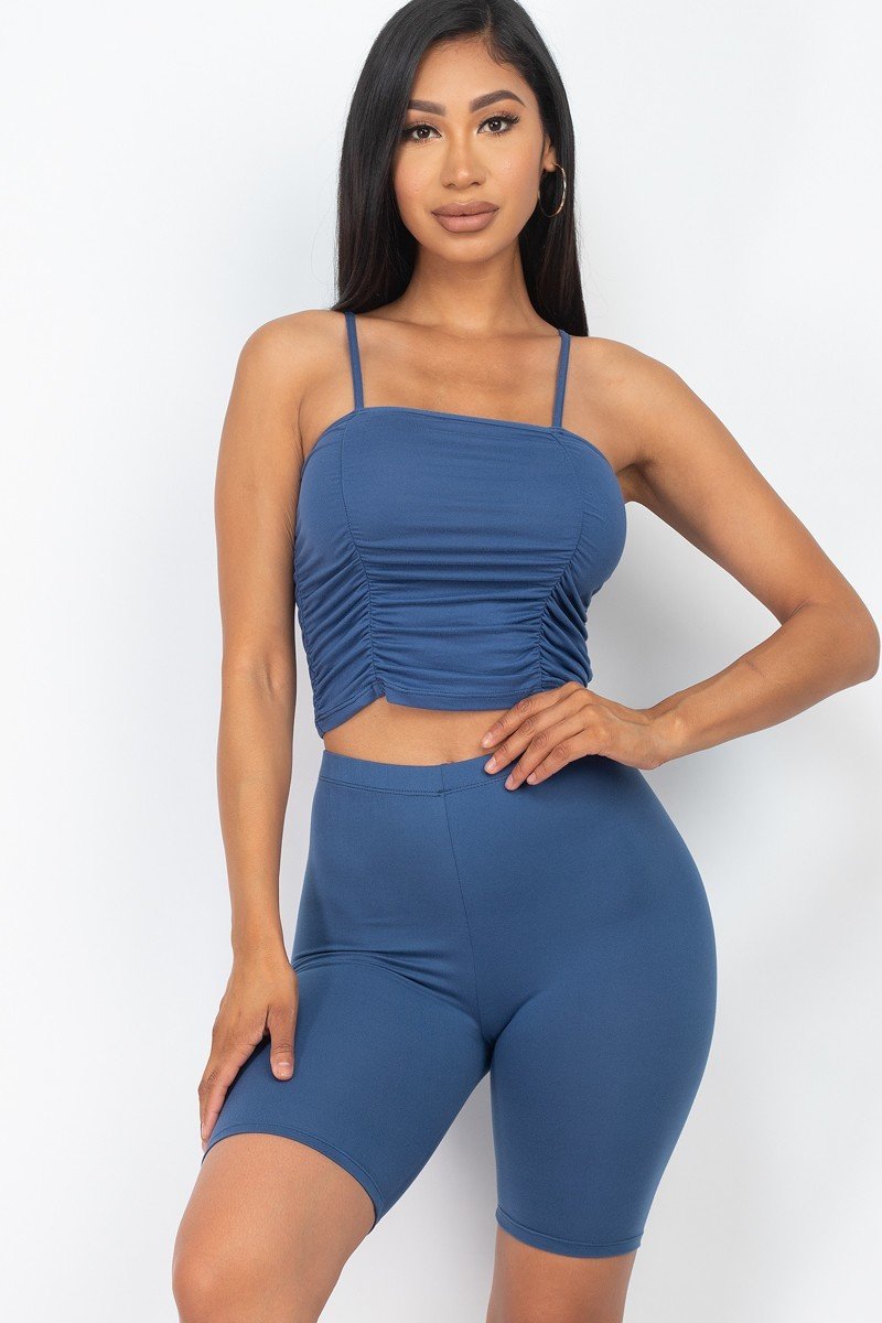 Camisole Ruched Sleeveless Top & Biker Shorts Set Blue Haze king-general-store-5710.myshopify.com