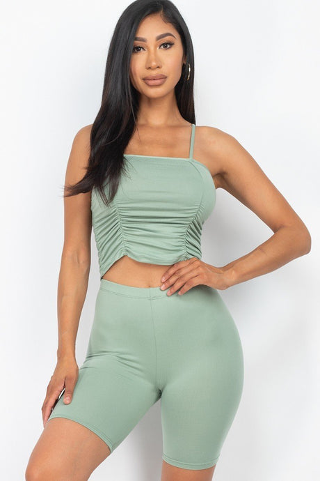 Camisole Ruched Sleeveless Top & Biker Shorts Set Green Bay king-general-store-5710.myshopify.com