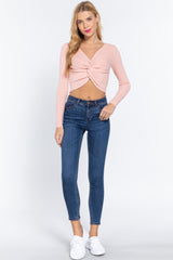 Front Knotted Crop Sweater with V-Neck in Light Pink king-general-store-5710.myshopify.com