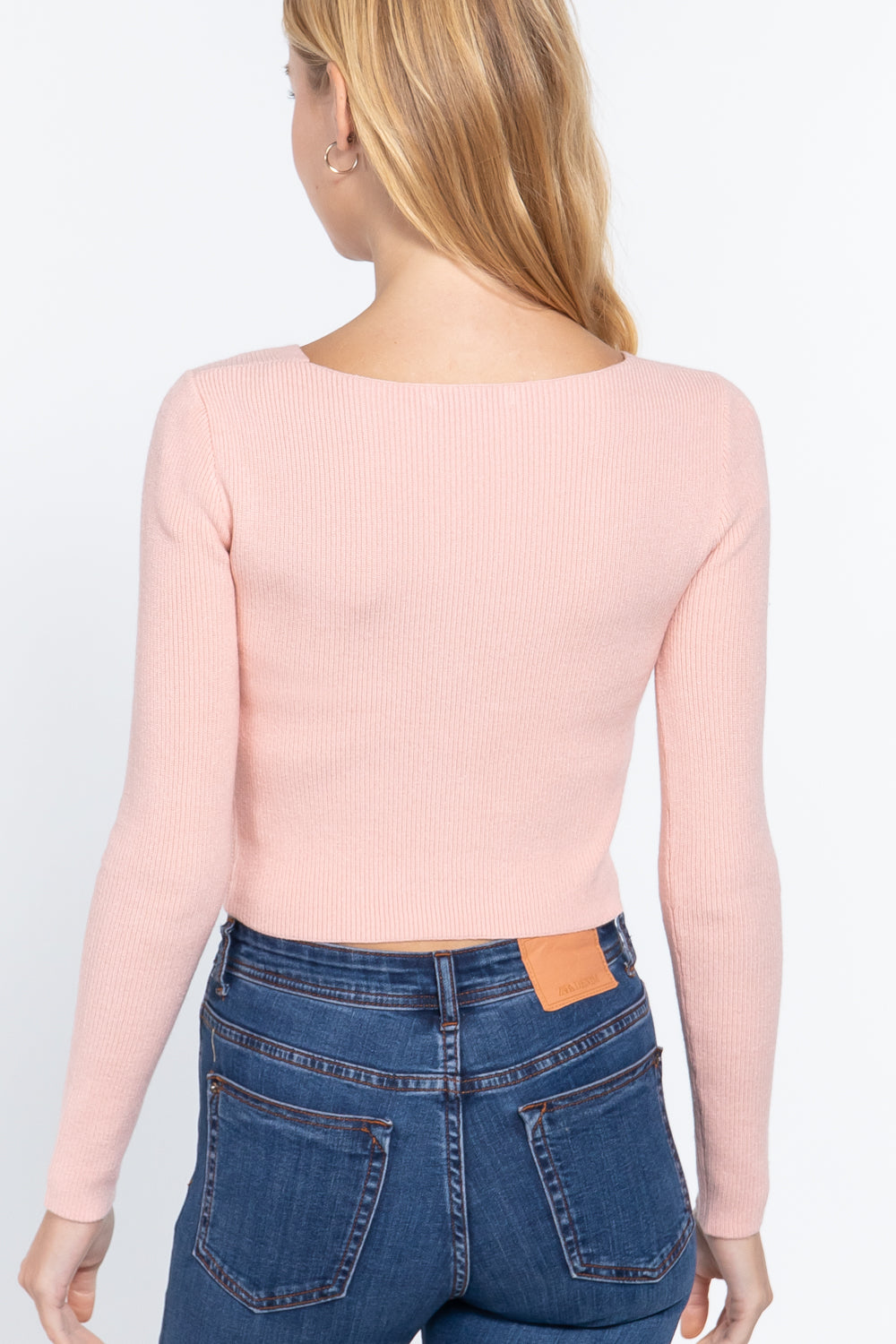 Front Knotted Crop Sweater with V-Neck in Light Pink king-general-store-5710.myshopify.com