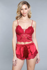 Red Lace Detail Crop Top w/Adjustable Straps & Satin Lace Shorts king-general-store-5710.myshopify.com