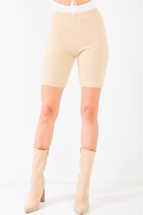 Oatmeal Beige Knit High Waist Stretchy Warm Fuzzy Biker Shorts king-general-store-5710.myshopify.com