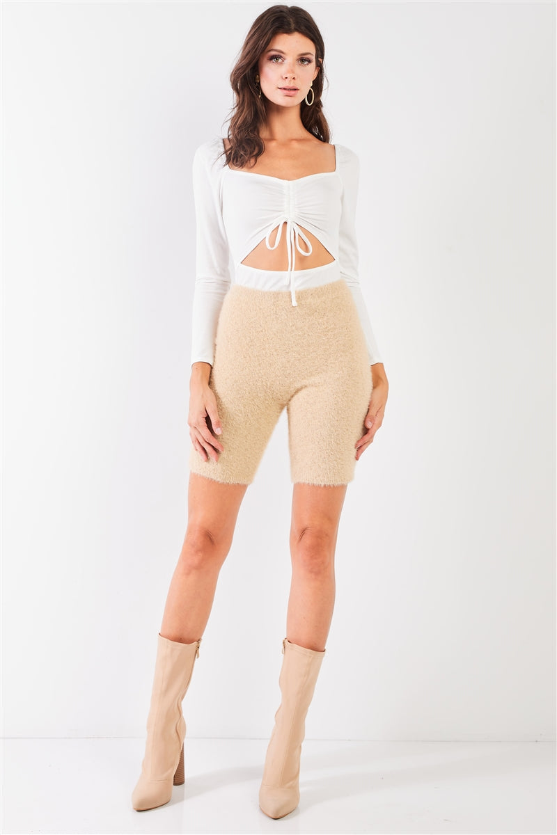 Oatmeal Beige Knit High Waist Stretchy Warm Fuzzy Biker Shorts king-general-store-5710.myshopify.com