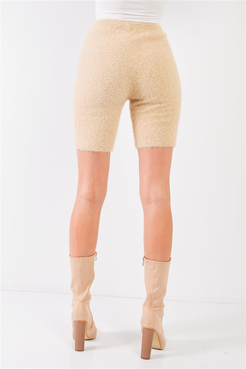 Oatmeal Beige Knit High Waist Stretchy Warm Fuzzy Biker Shorts king-general-store-5710.myshopify.com