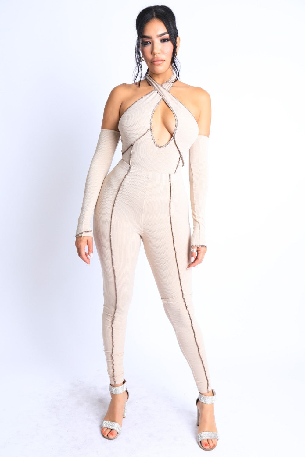 Taupe Overlock Detailed Cross Halter Jumpsuit king-general-store-5710.myshopify.com