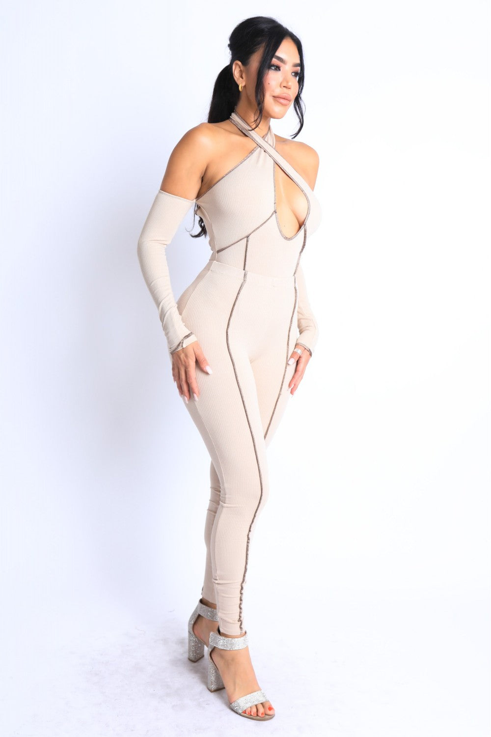 Taupe Overlock Detailed Cross Halter Jumpsuit king-general-store-5710.myshopify.com