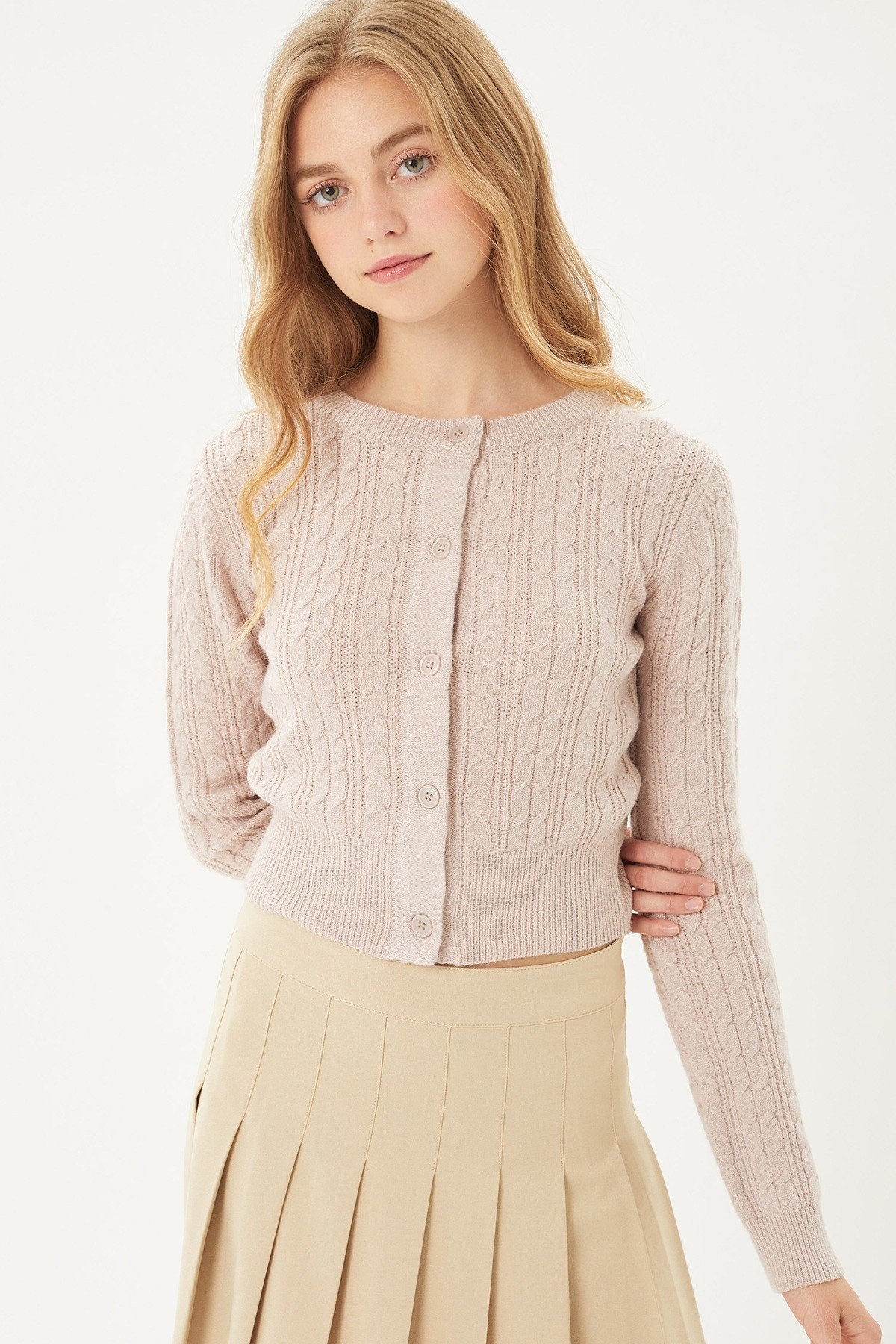 Buttoned Cable Knit Cardigan Long Sleeve Sweater in Mauve king-general-store-5710.myshopify.com