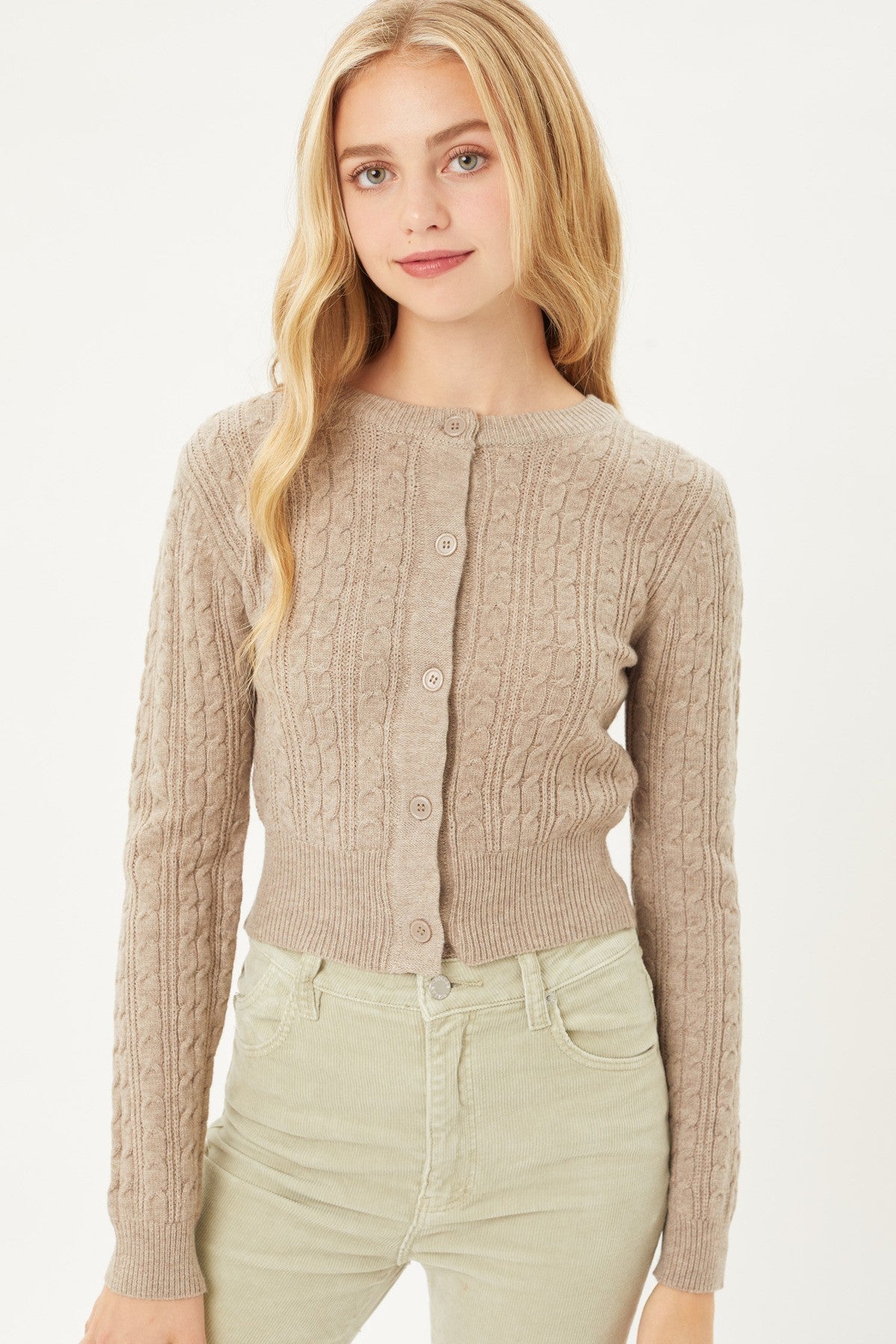 Buttoned Cable Knit Cardigan Long Sleeve Sweater in Truffle king-general-store-5710.myshopify.com