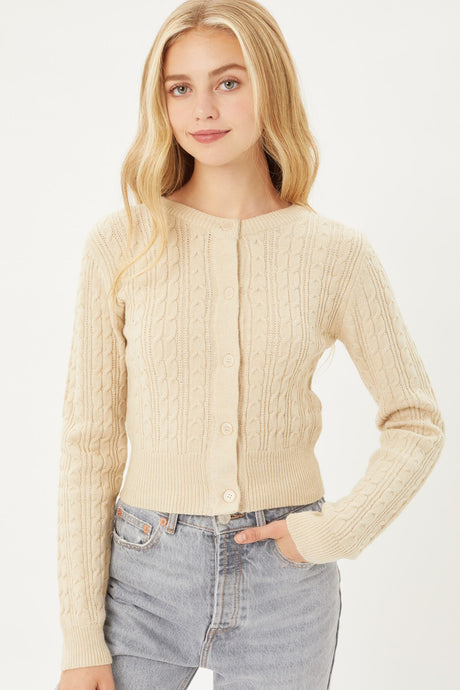 Buttoned Cable Knit Cardigan Long Sleeve Sweater in Oatmeal king-general-store-5710.myshopify.com