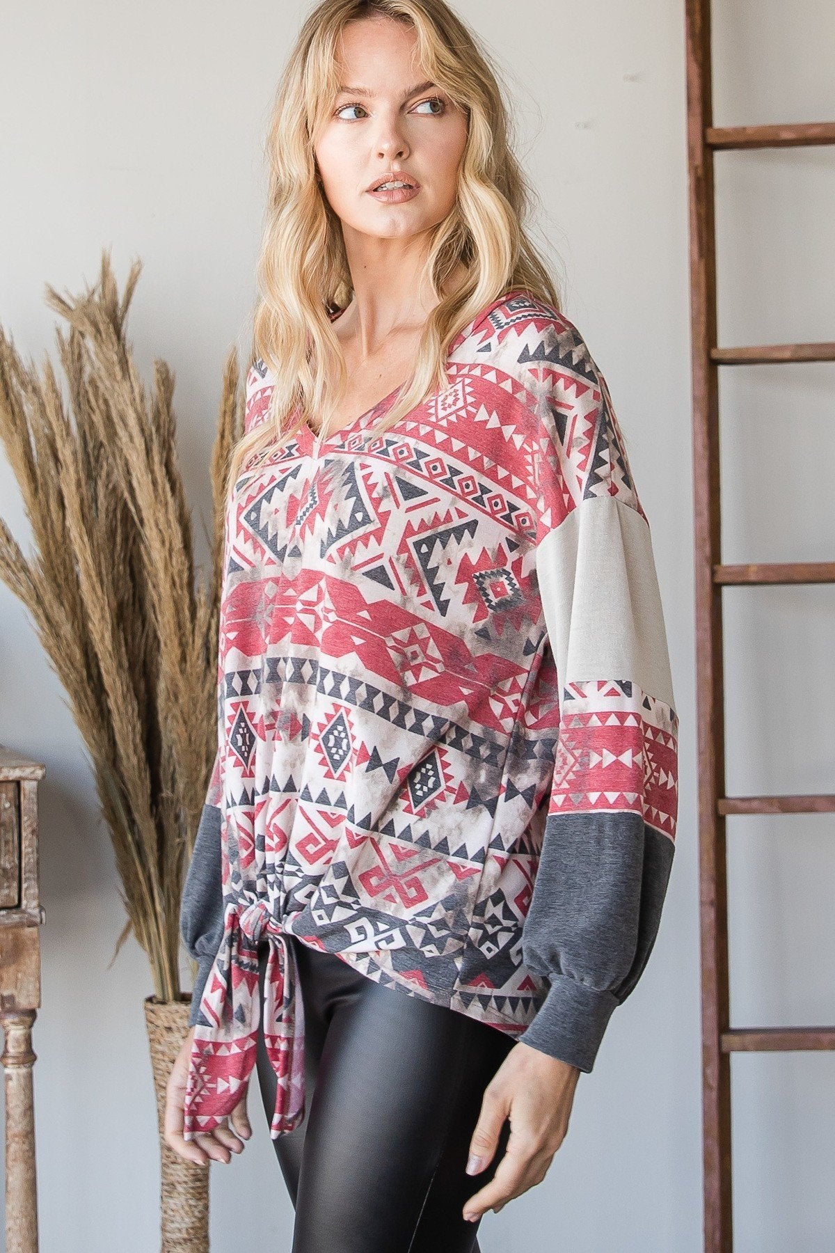 Red Aztec Print Long Sleeve Sweater king-general-store-5710.myshopify.com