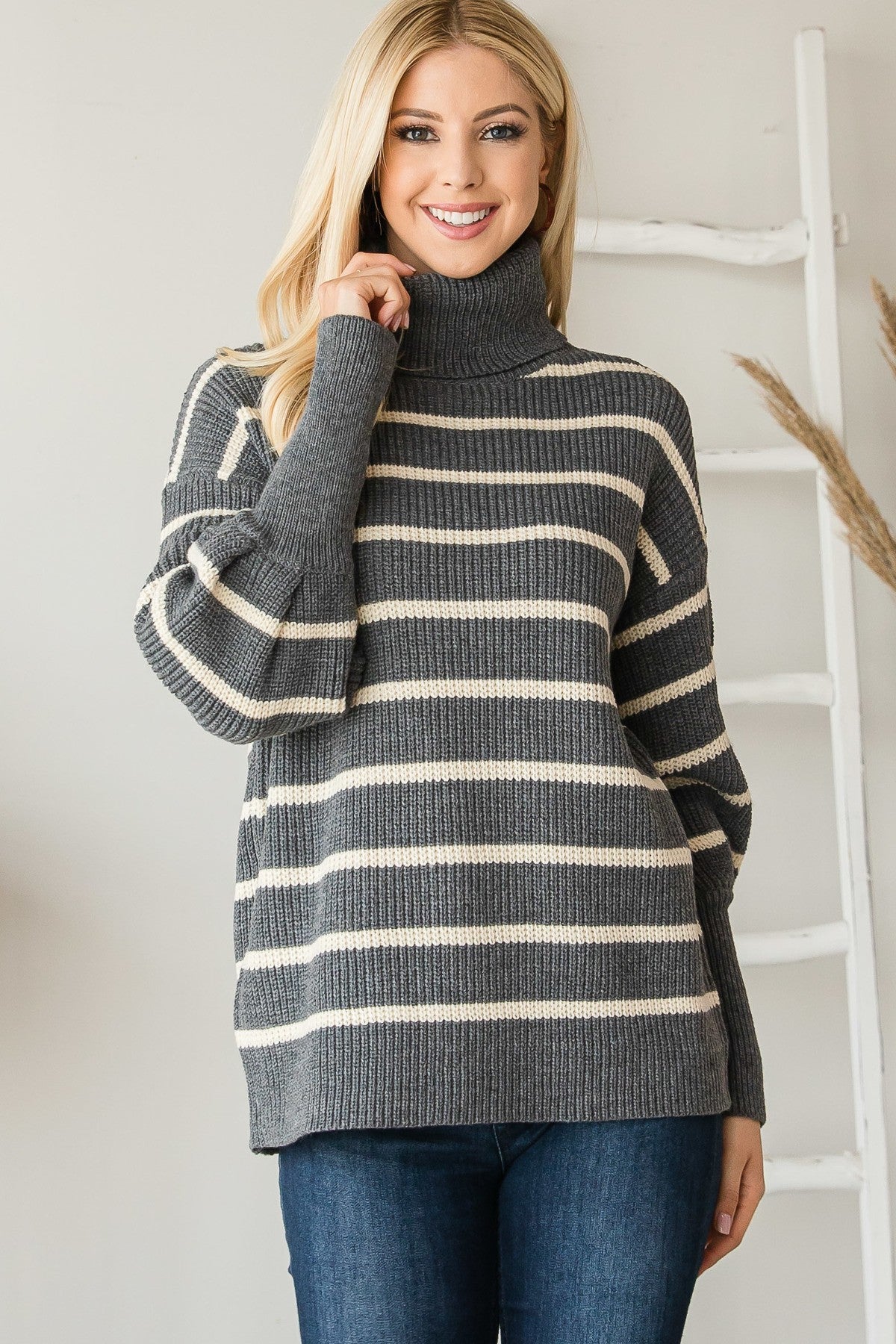 Grey Heavy Knit Striped Turtle Neck Knit Sweater king-general-store-5710.myshopify.com