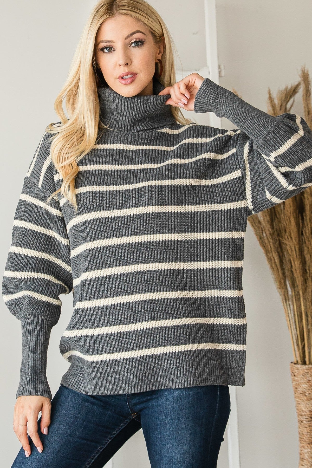 Grey Heavy Knit Striped Turtle Neck Knit Sweater king-general-store-5710.myshopify.com