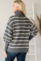 Grey Heavy Knit Striped Turtle Neck Knit Sweater king-general-store-5710.myshopify.com