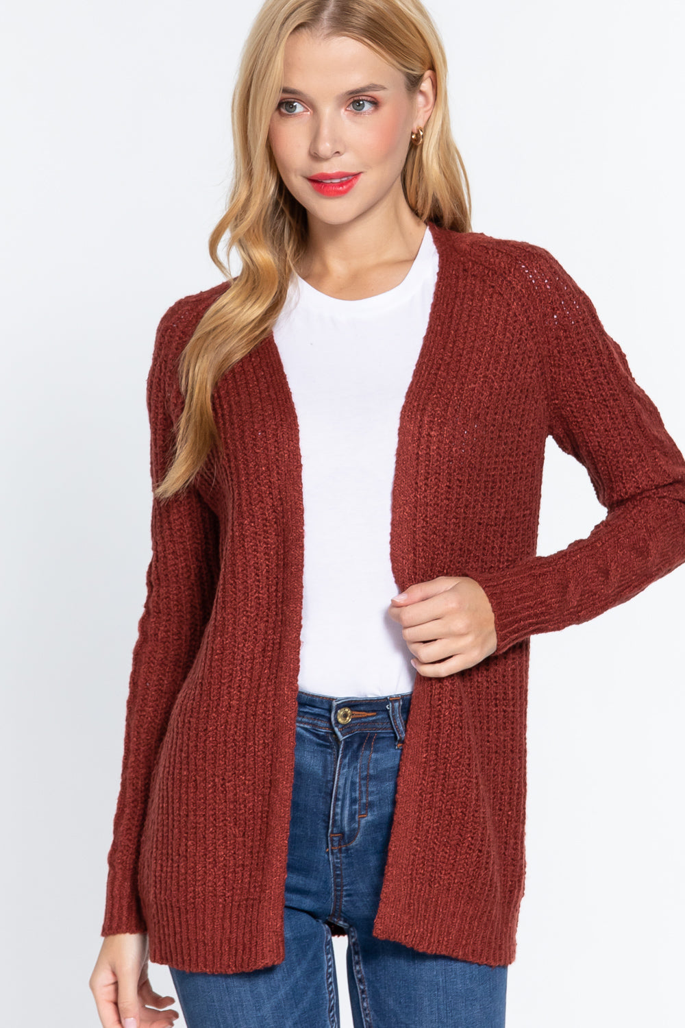 Brick Long Sleeve Open Front Sweater Cardigan king-general-store-5710.myshopify.com