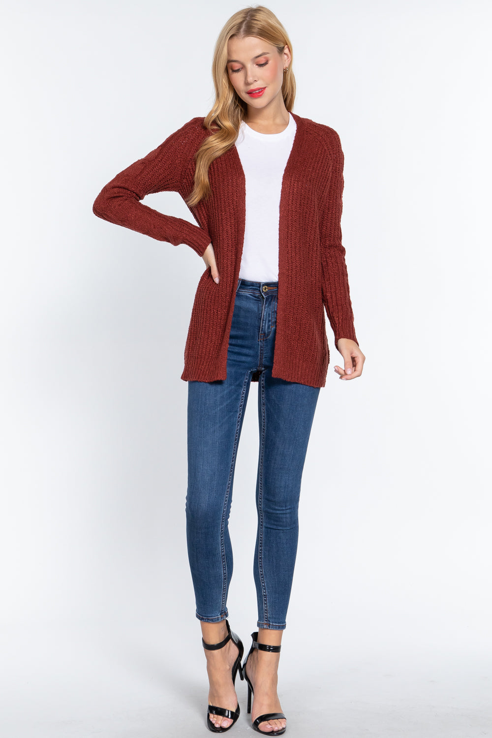 Brick Long Sleeve Open Front Sweater Cardigan king-general-store-5710.myshopify.com