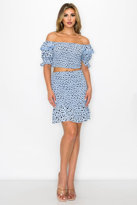 Blue Smocking Ruffled Printed Top & Skirts Set king-general-store-5710.myshopify.com